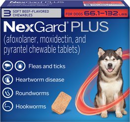 NexGard PLUS Chewables for Dogs, 66.1-132 lbs. (Red Box) 3 Chewable Tablets (3-mos. supply)