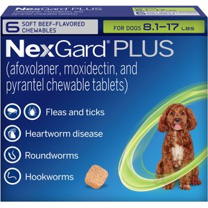 NexGard PLUS Chewables for Dogs, 8.1-17 lbs. (Green Box) 6 Chewable Tablets (6-mos. supply)