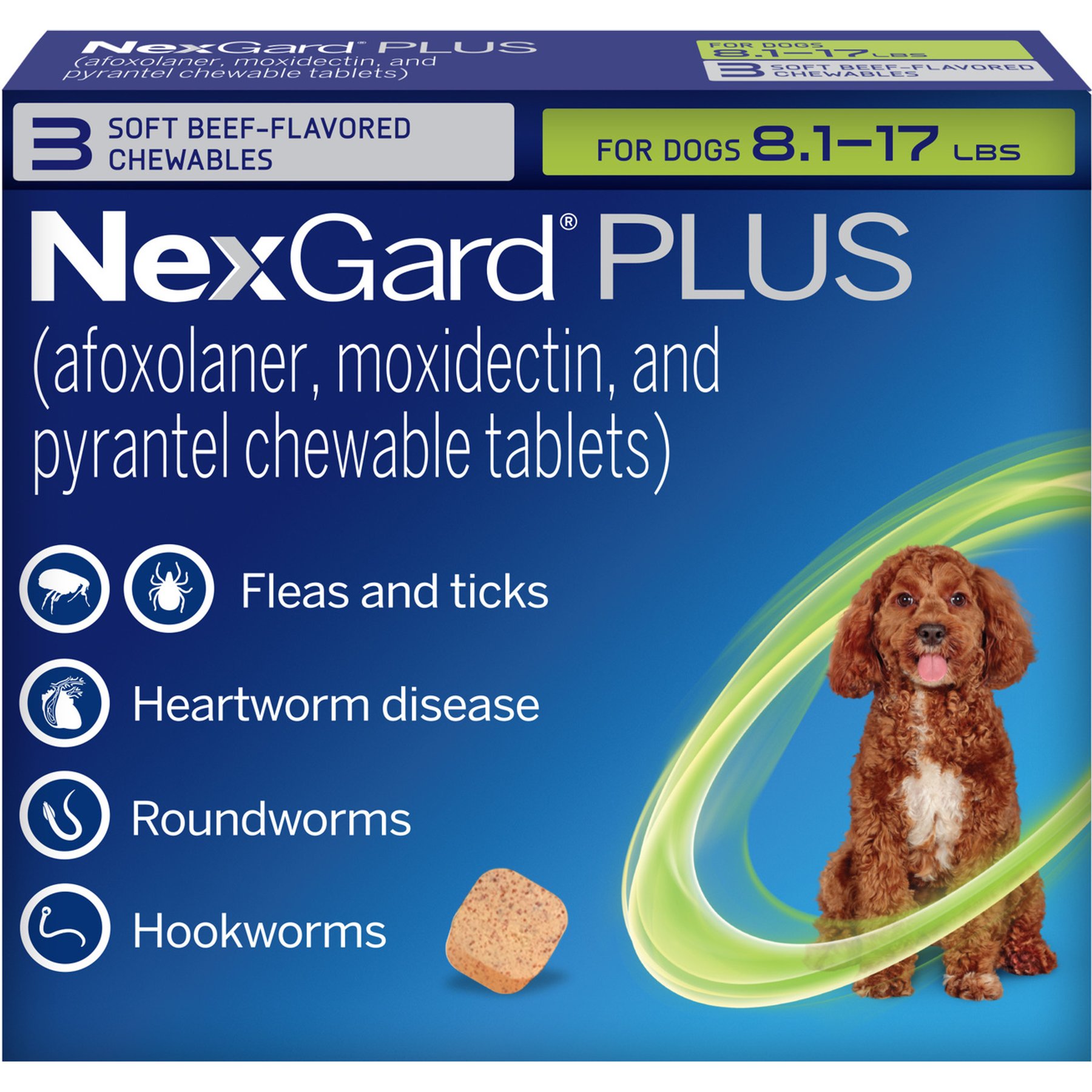 NexGard PLUS Chewables for Dogs, 8.1-17 lbs. (Green Box) 3 Chewable Tablets (3-mos. supply)
