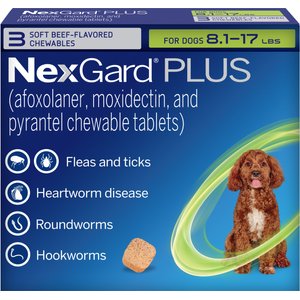 NexGard PLUS Chewables for Dogs, 8.1-17 lbs. (Green Box) 3 Chewable Tablets (3-mos. supply)