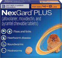 NexGard PLUS Chewables for Dogs, 4-8 lbs. (Orange Box) 3 Chewable Tablets (3-mos. supply)