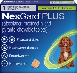 NexGard PLUS Chewables for Dogs, 8.1-17 lbs. (Green Box) 1 Chewable Tablet (1-mo. supply)