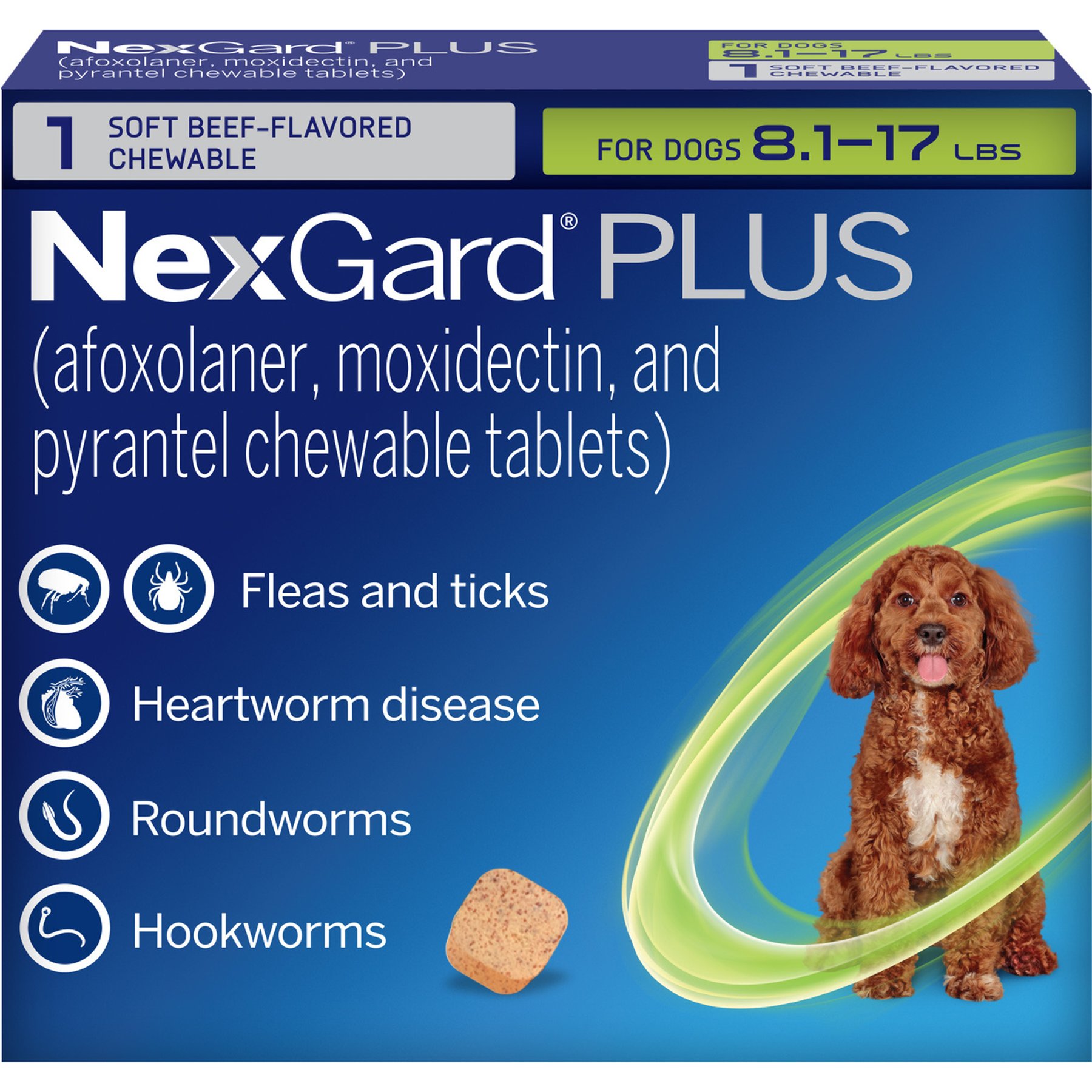 NexGard PLUS Chewables for Dogs, 8.1-17 lbs. (Green Box) 1 Chewable Tablet (1-mo. supply)
