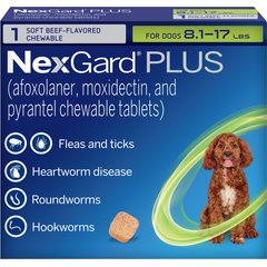 NexGard PLUS Chewables for Dogs, 8.1-17 lbs. (Green Box) 1 Chewable Tablet (1-mo. supply)