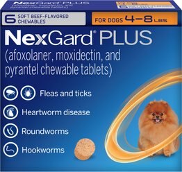 NexGard PLUS Chewables for Dogs, 4-8 lbs. (Orange Box) 6 Chewable Tablets (6-mos. supply)