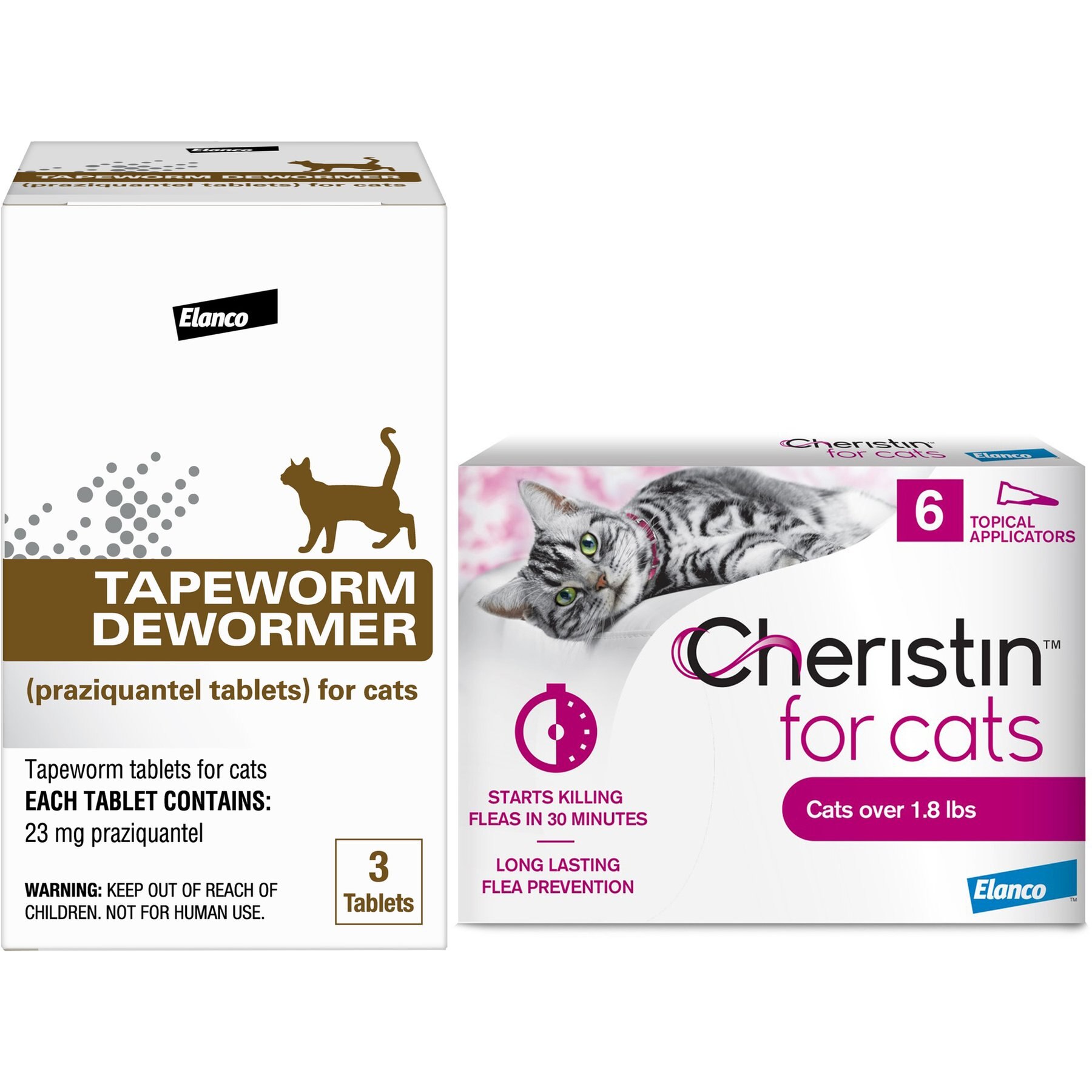 Elanco Dewormer for Tapeworms + Cheristin Flea Spot Treatment for Cats, over 1.8 lbs