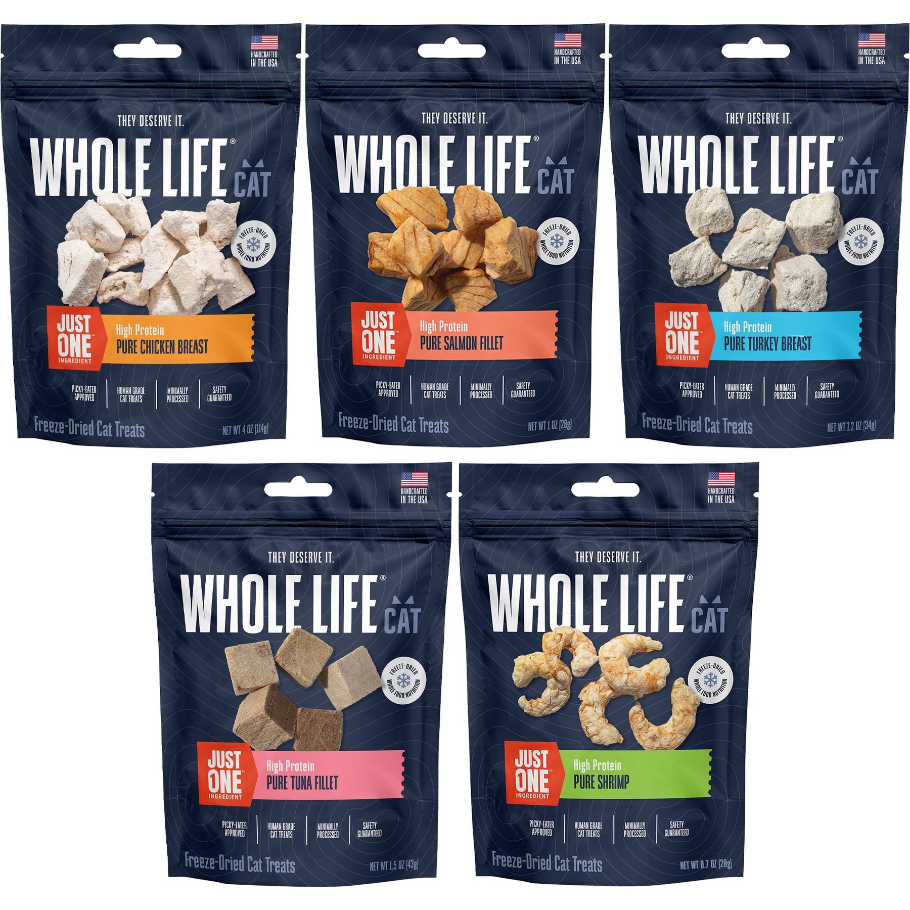 Whole Life Just One Ingredient Pure Freeze-Dried Cat Treats Variety Pack: Chicken Breast, Salmon Fillet, Turkey, Tuna, & Shrimp