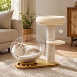 NonoPets Multi-Level Solid Wood Cat Tower with Clear Acrylic Bed & Sisal Scratching Post, Beige