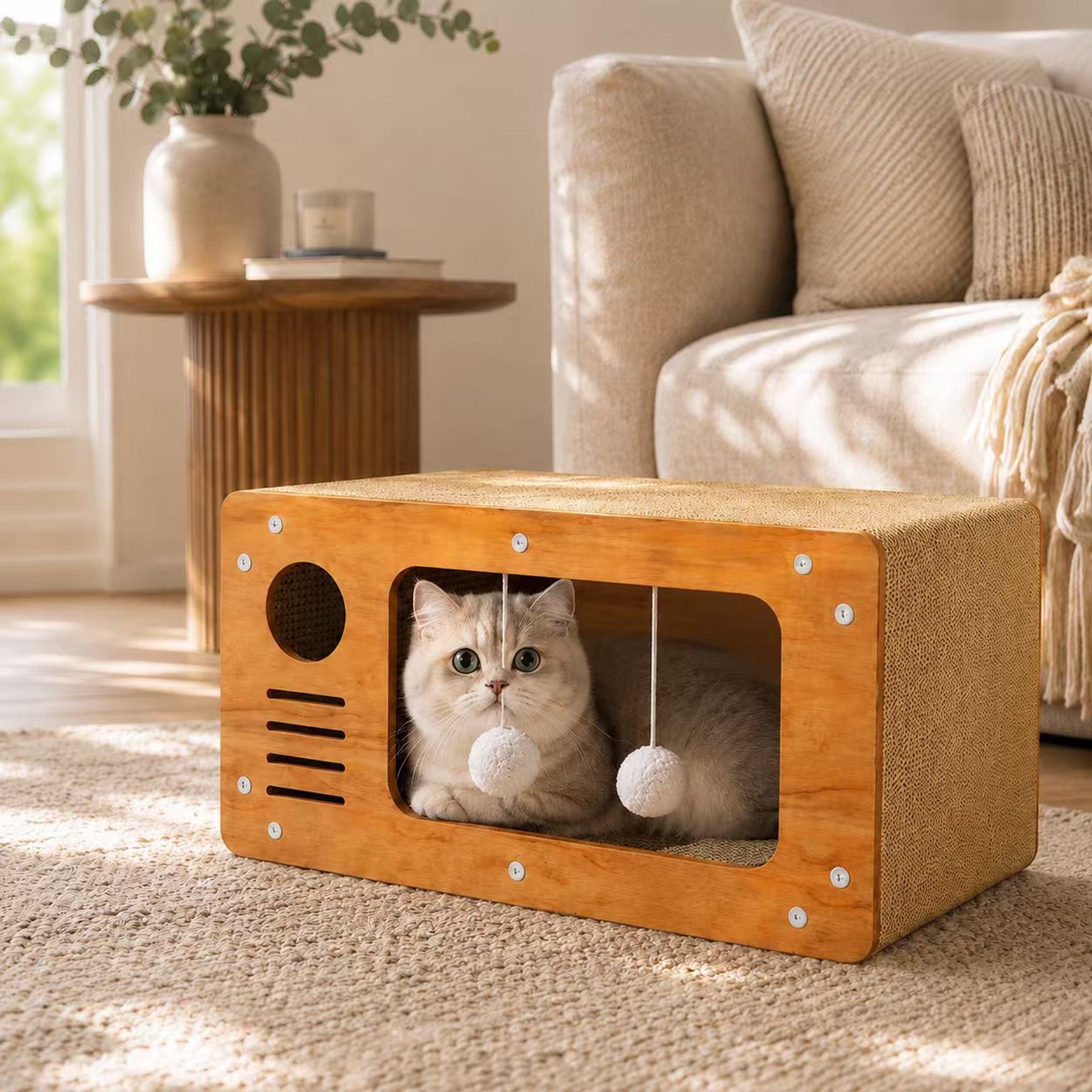 NonoPets Cardboard Cat House Scratcher Bed with Indoor Hanging Pom-Pom Balls