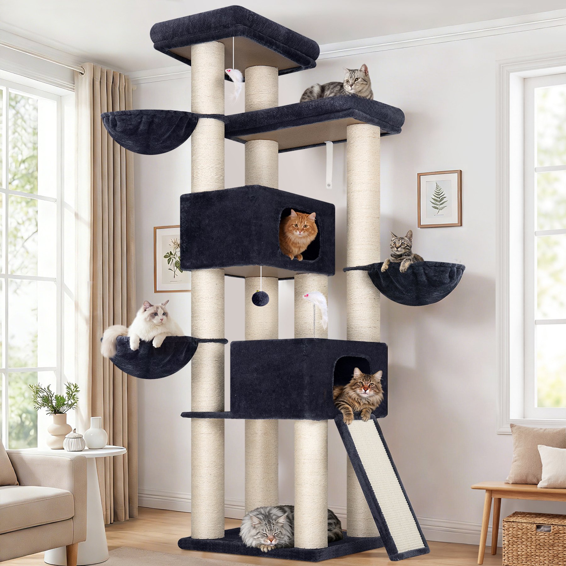 Globlazer Full Sisal Scratching Posts 84-in Plush Condo Cat Tree Tower, Large, Dark Gray