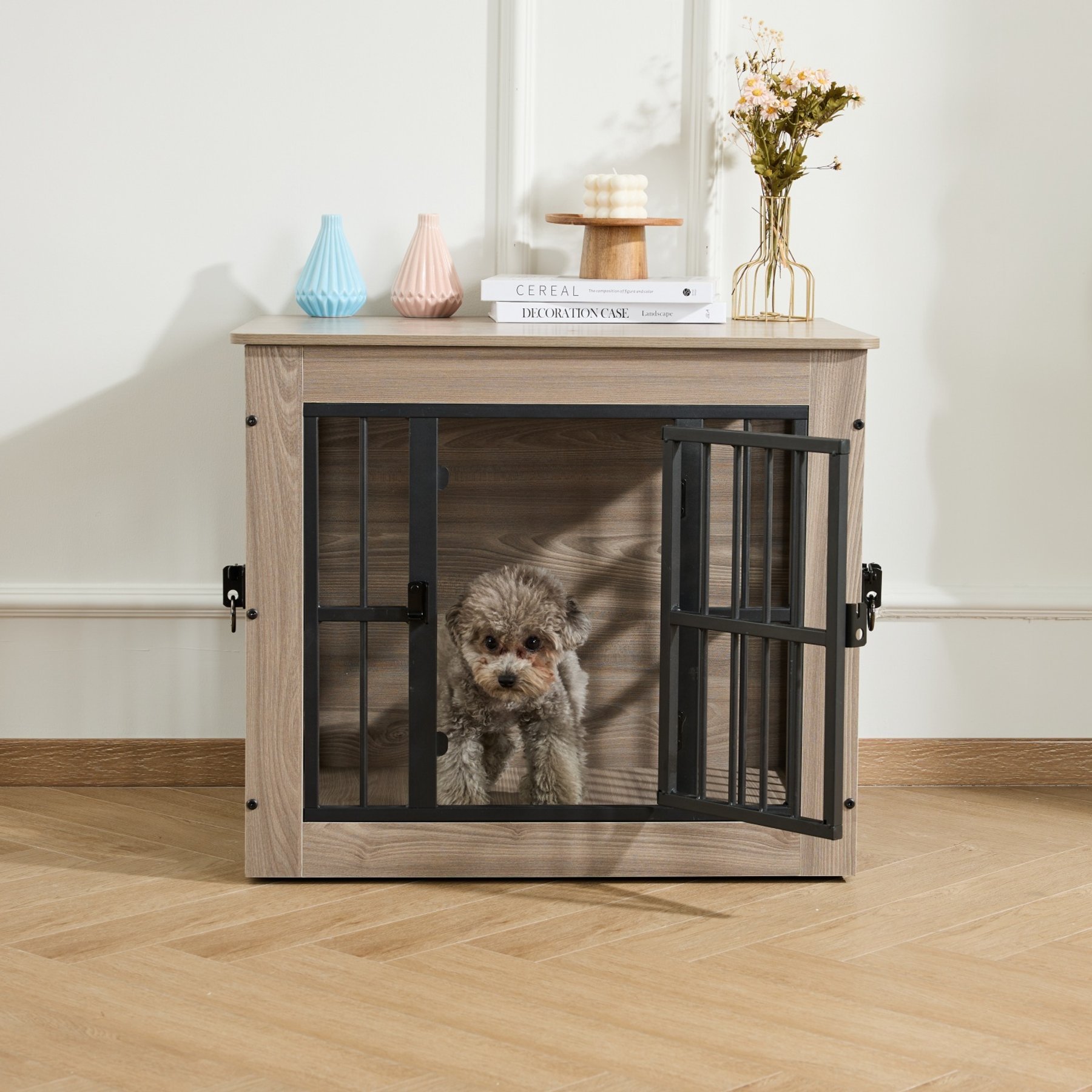 Gardner Pet Wooden Furniture Style 3 Door Dog Crate, Grey, 27 inch