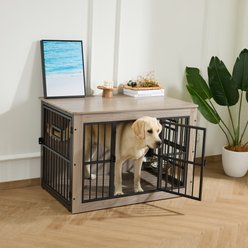 Gardner Pet Wooden Furniture Style 3 Door with Bowls Dog Crate, Grey, 38.8 inch