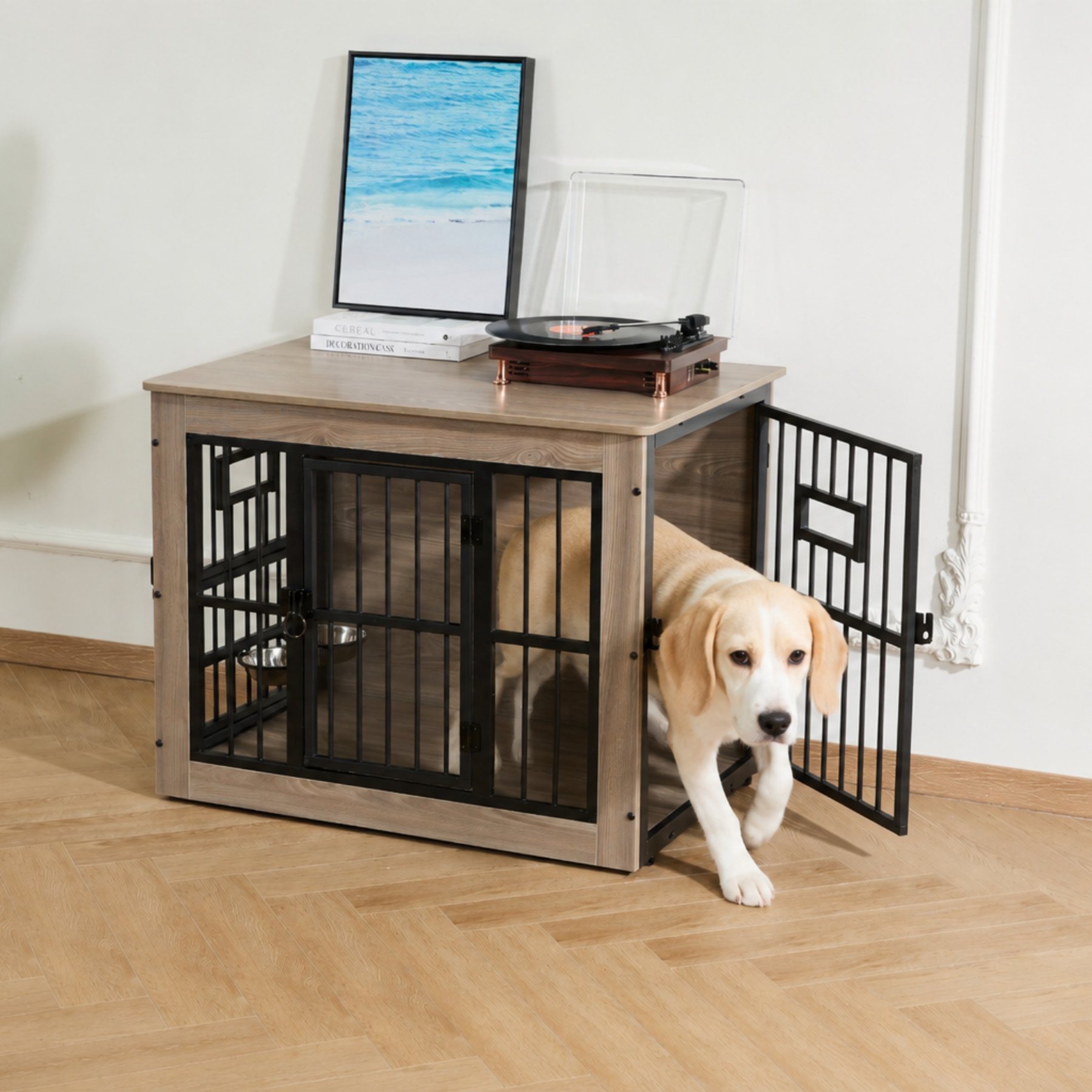 Gardner Pet Wooden Furniture Style 3 Door with Bowls Dog Crate, Grey, 32 inch