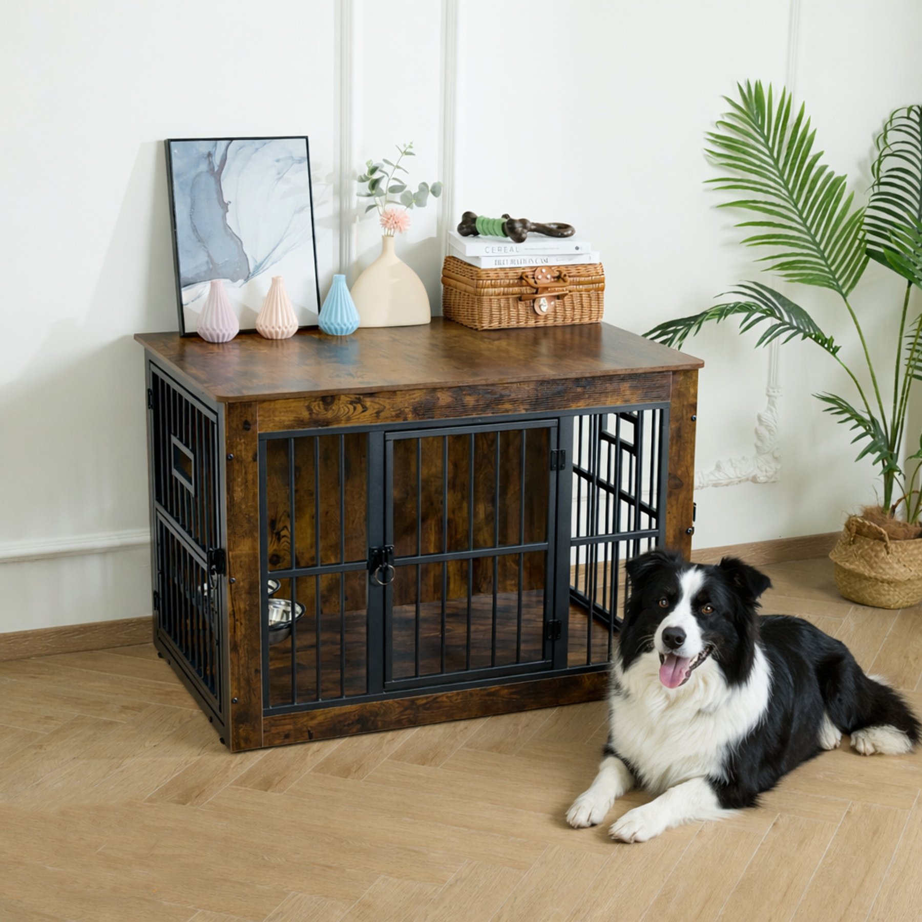Gardner Pet Wooden Furniture Style 3 Door with Bowls Dog Crate, Brown, 38.8 inch