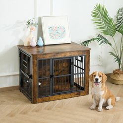Gardner Pet Wooden Furniture Style 3 Door with Bowls Dog Crate, Brown, 32 inch