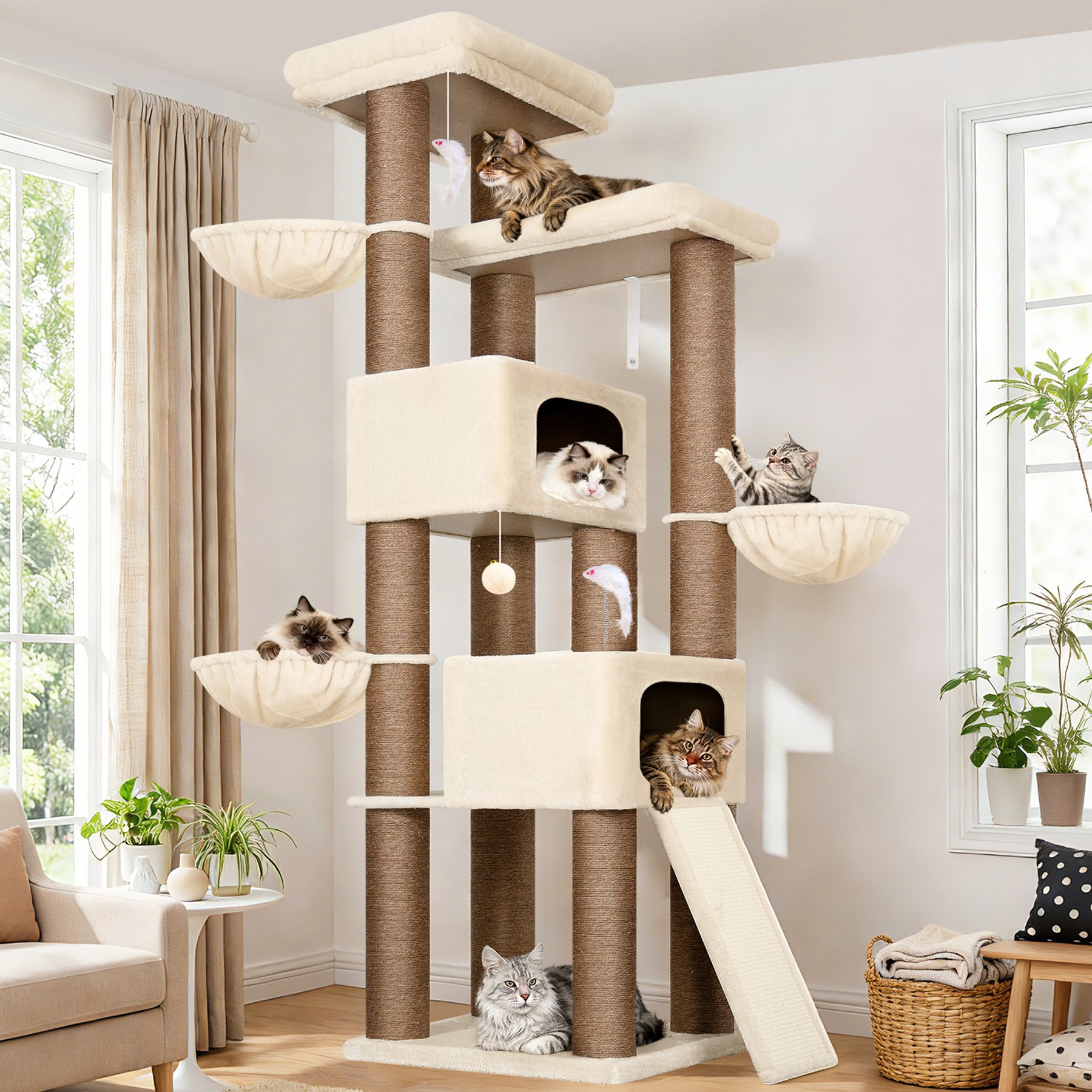 Globlazer Full Sisal Scratching Posts 84-in Plush Condo Cat Tree Tower, Large, Beige