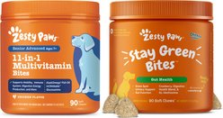 Zesty Paws Stay Green Bites Digestive Support Chicken Flavor Soft Chew Dog Supplement, 90 count + Zesty Paws 11-in-1 Bites Multifunctional MSM & Curcumin + Cranberry & Lutein Senior Chicken Flavor Dog Supplement, 90 count
