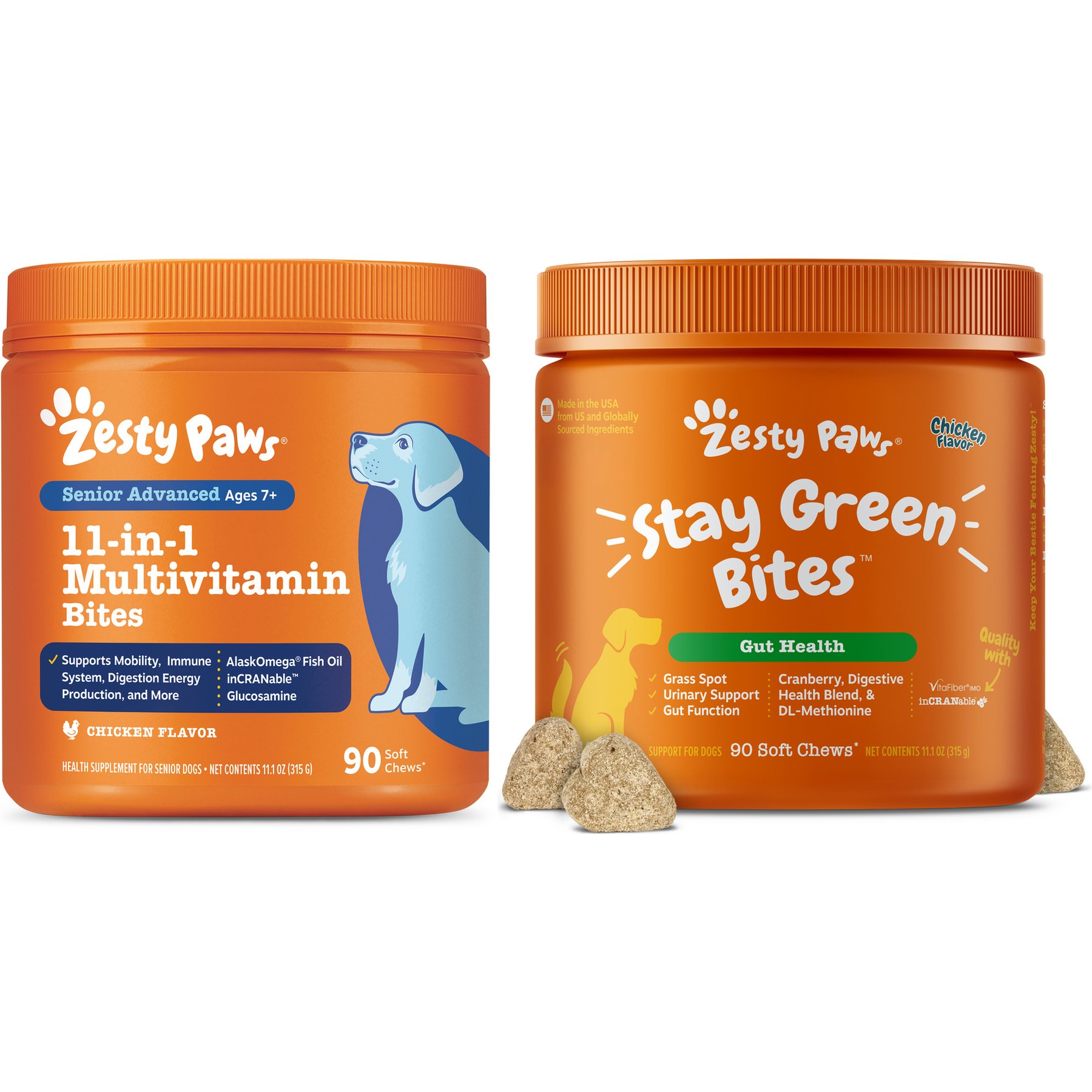 Zesty Paws Stay Green Bites Digestive Support Chicken Flavor Soft Chew Dog Supplement, 90 count + Zesty Paws 11-in-1 Bites Multifunctional MSM & Curcumin + Cranberry & Lutein Senior Chicken Flavor Dog Supplement, 90 count