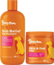 Zesty Paws Oatmeal Anti-Itch Dog Shampoo with Aloe Vera & Vitamin E, 16-oz bottle + Zesty Paws Core Elements Omega Bites Skin & Coat Health Chicken Flavor Soft Chew Dog Supplement, 90 count