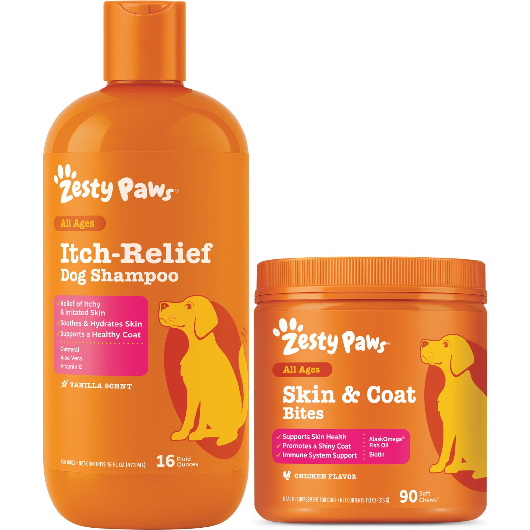 Zesty Paws Oatmeal Anti-Itch Dog Shampoo with Aloe Vera & Vitamin E, 16-oz bottle + Zesty Paws Core Elements Omega Bites Skin & Coat Health Chicken Flavor Soft Chew Dog Supplement, 90 count