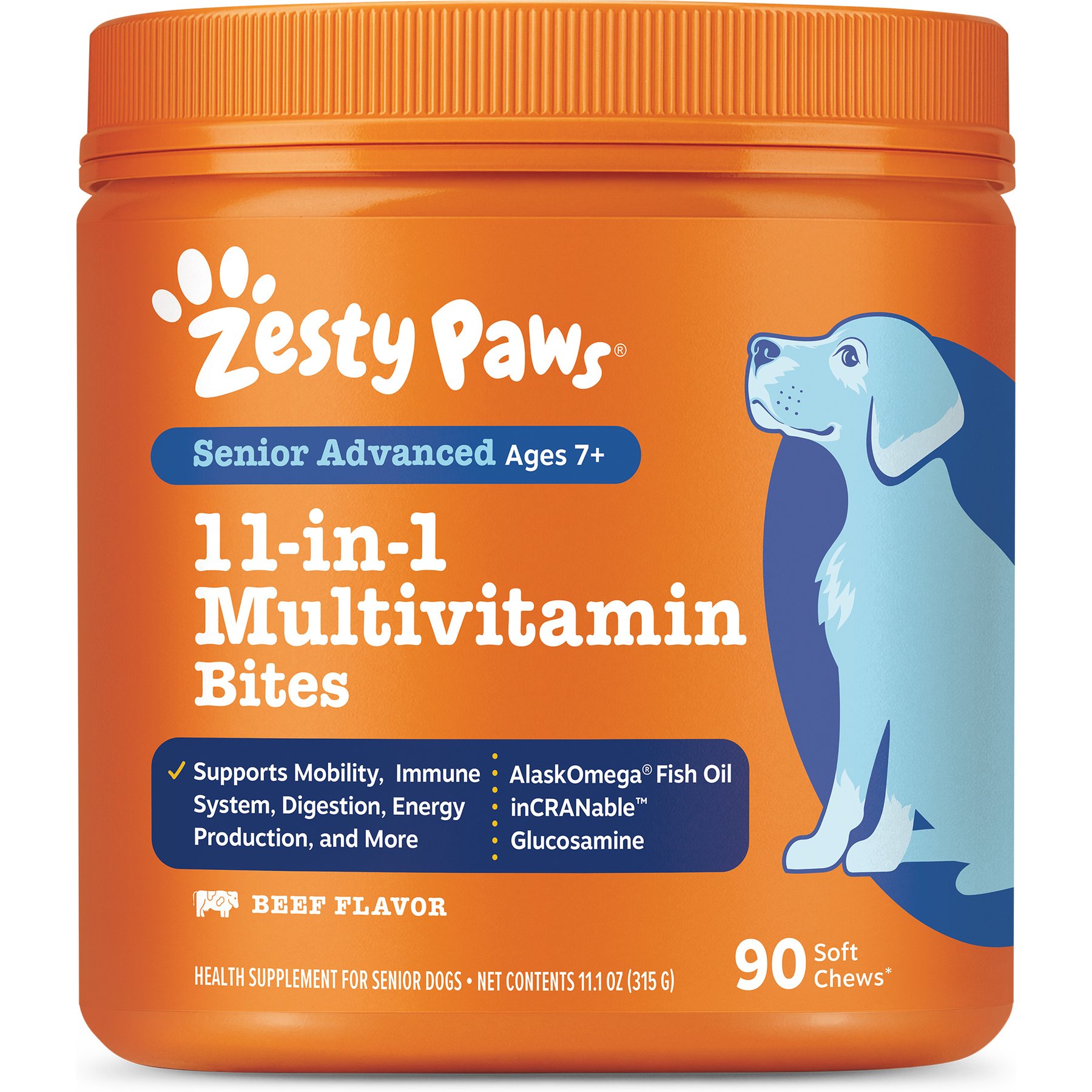 Zesty Paws Senior Advanced 11-in-1 Bites Beef Flavored Soft Chews Multivitamin Supplement for Senior Dogs, 90 count
