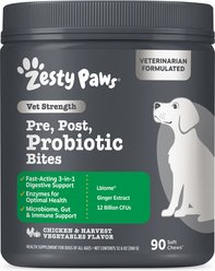 Zesty Paws Vet Strength Pre, Post, & Probiotic Soft Chews Gut Flora & Digestive Supplement for Dogs, 90 count