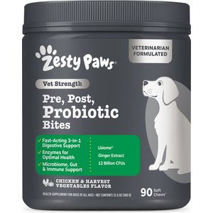 Zesty Paws Vet Strength Pre, Post, & Probiotic Soft Chews Gut Flora & Digestive Supplement for Dogs, 90 count