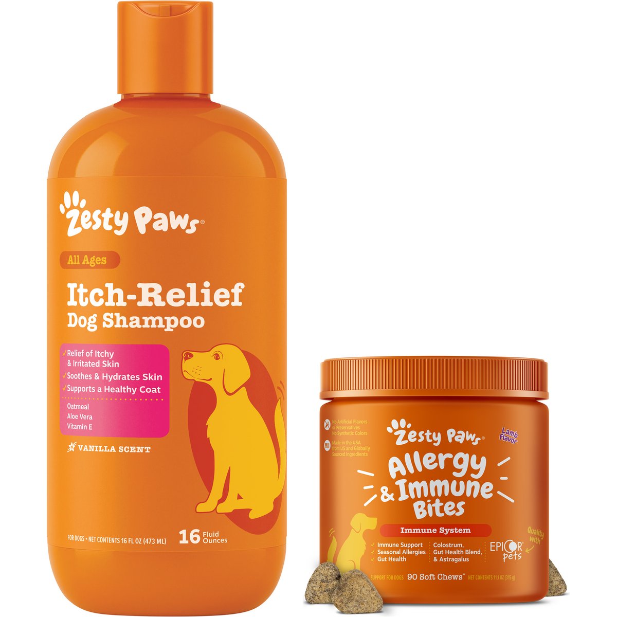 Zesty Paws Allergy & Immune Support Lamb Flavor Soft Chew Dog Supplement, 90 count + Zesty Paws Oatmeal Anti-Itch Dog Shampoo with Aloe Vera & Vitamin E, 16-oz bottle