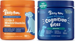 Zesty Paws 11-in-1 Bites Multifunctional MSM & Curcumin + Cranberry & Lutein Senior Chicken Flavor Dog Supplement, 90 count + Zesty Paws Seniors Advanced Cognition Bites Chicken Flavor Dog Supplement, 90 count