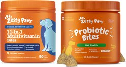 Zesty Paws Probiotic Bites Digestion + 11-in-1 Bites Multifunctional MSM & Curcumin + Cranberry & Lutein Senior Chicken Flavor Dog Supplement