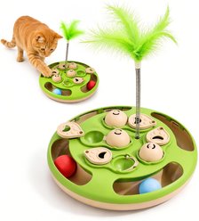 Potaroma 3-in-1 Interactive Puzzle Slow Feeder Bowl Training Treat Dispensing Cat Toy with Track Ball & Spring Feather Wand, Green