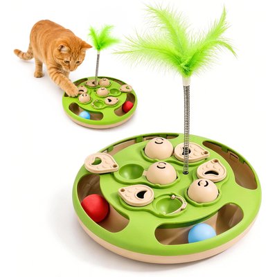 Potaroma Potaroma 3-in-1 Interactive Puzzle Slow Feeder Bowl Training Treat Dispensing Cat Toy with Track Ball & Spring Feather Wand, Green