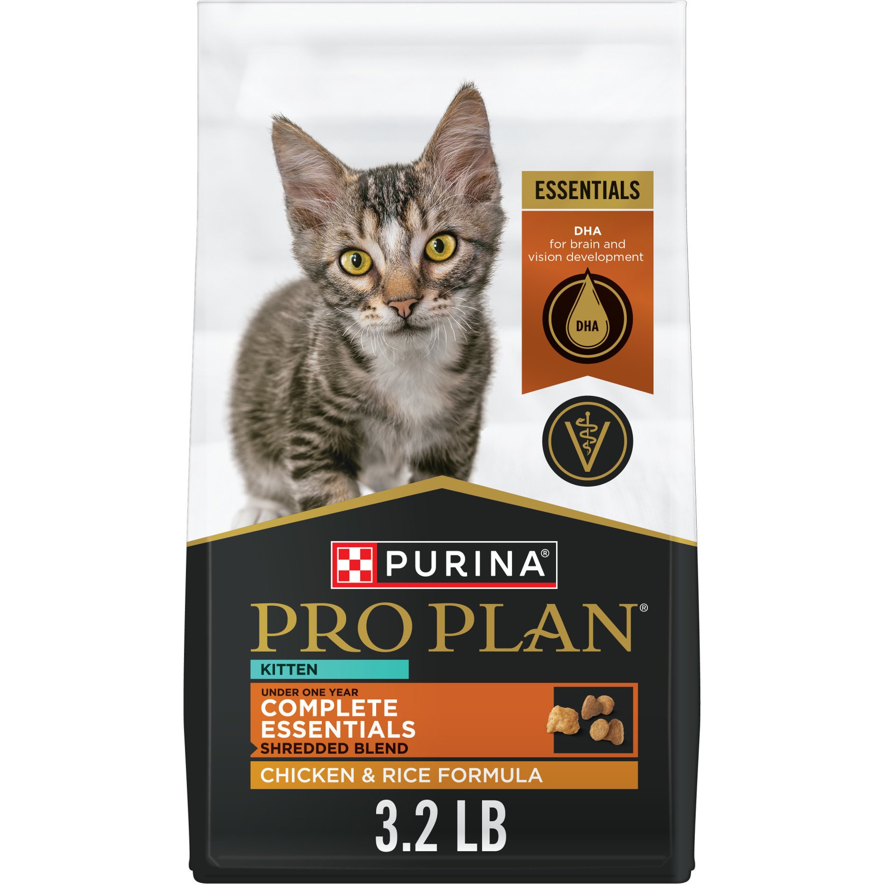 Purina Pro Plan Complete Essentials Kitten Shredded Blend Chicken & Rice Formula Dry Cat Food, 3.2-lb bag