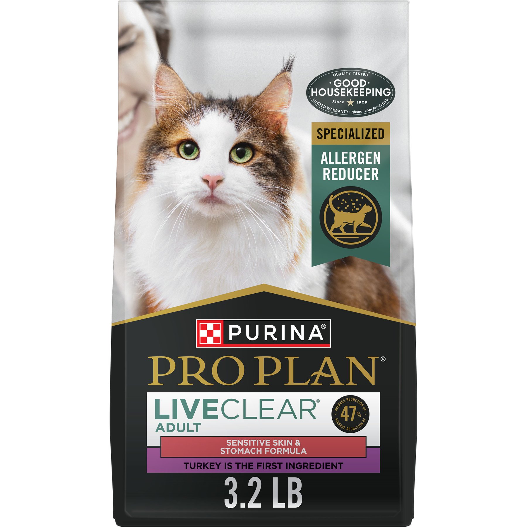 Purina Pro Plan LiveClear Sensitive Skin & Stomach Turkey & Oatmeal Formula Dry Cat Food, 3.2-lb bag