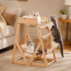 NonoPets Indoor Cat Climbing Frame with Hammock Straching Post Climbing Web & Danging Sisal Ball, Beige, 27.56 x 20.28 x33.46-in