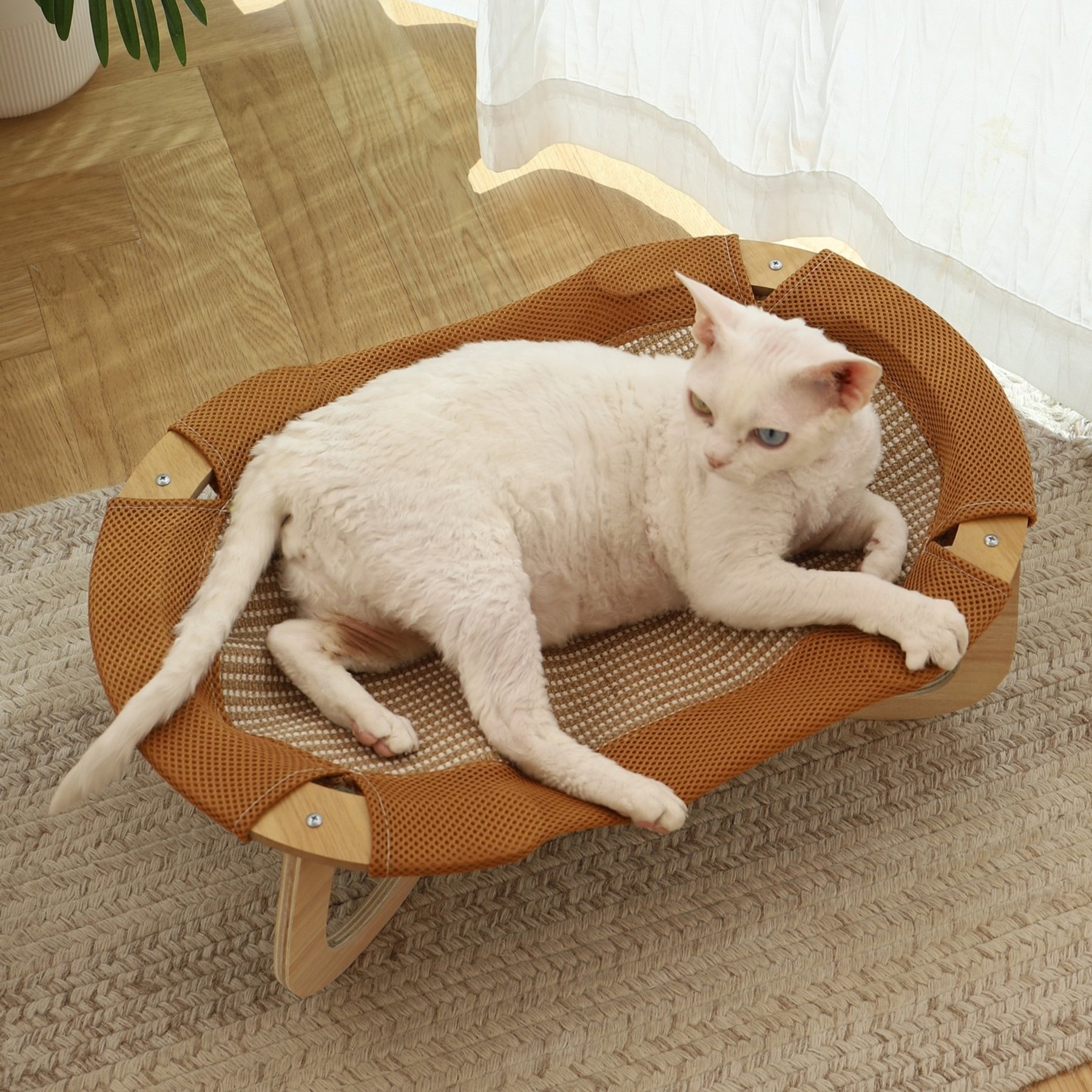 Fairela Breathable Linen Lounger with Raised Wooden Frame Cooling Elevated Dog & Cat Bed, Brown, Medium