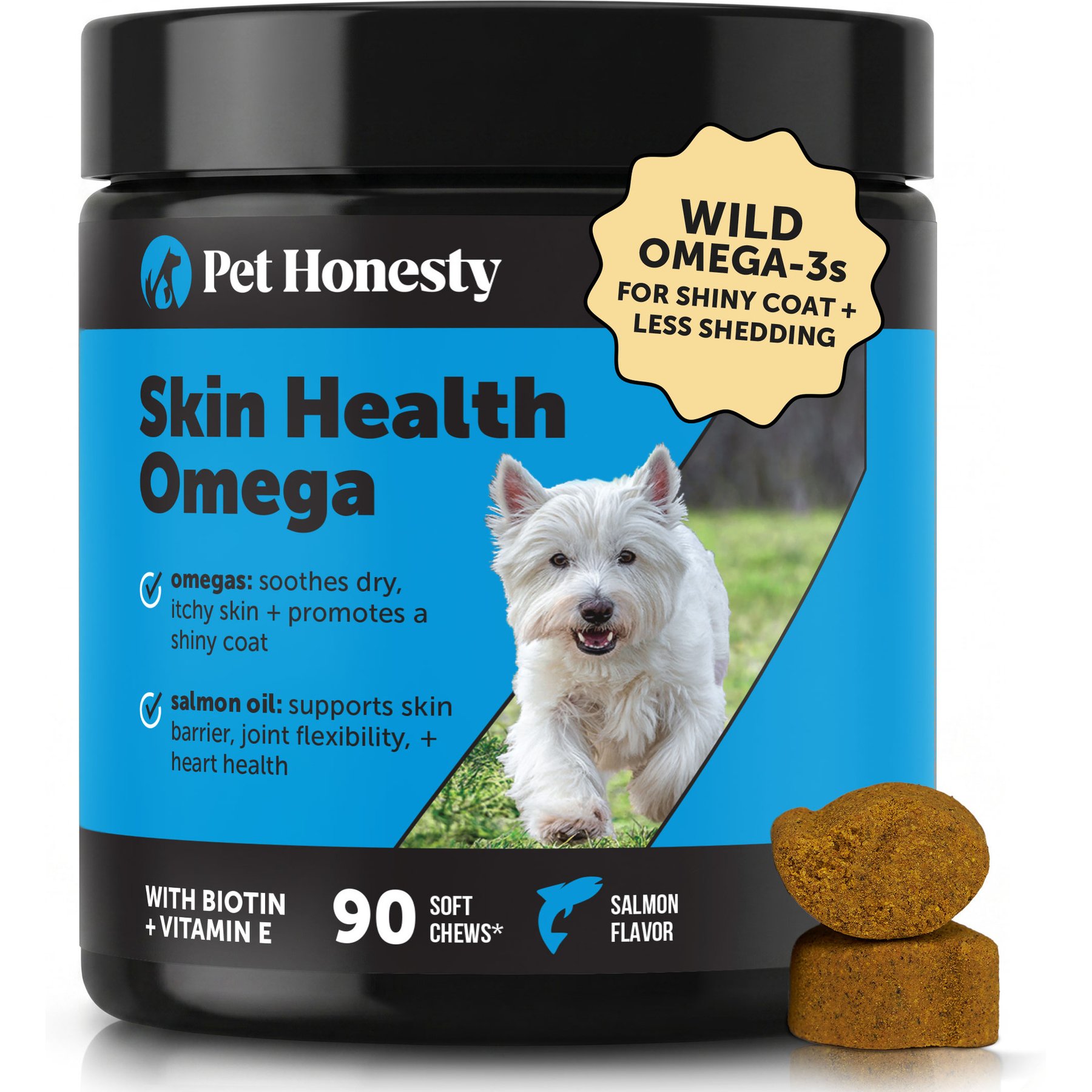 Pet Honesty Skin Health Omega Salmon Flavor Soft Chews Skin & Coat, Fish Oil Supplement for Dogs, 90 count