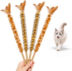 Potaroma Interactive Teaser Sticks with Real Feathers Linen Wrapped Handle Exercise Hunting Cat Toy, Multicolor, 4 count