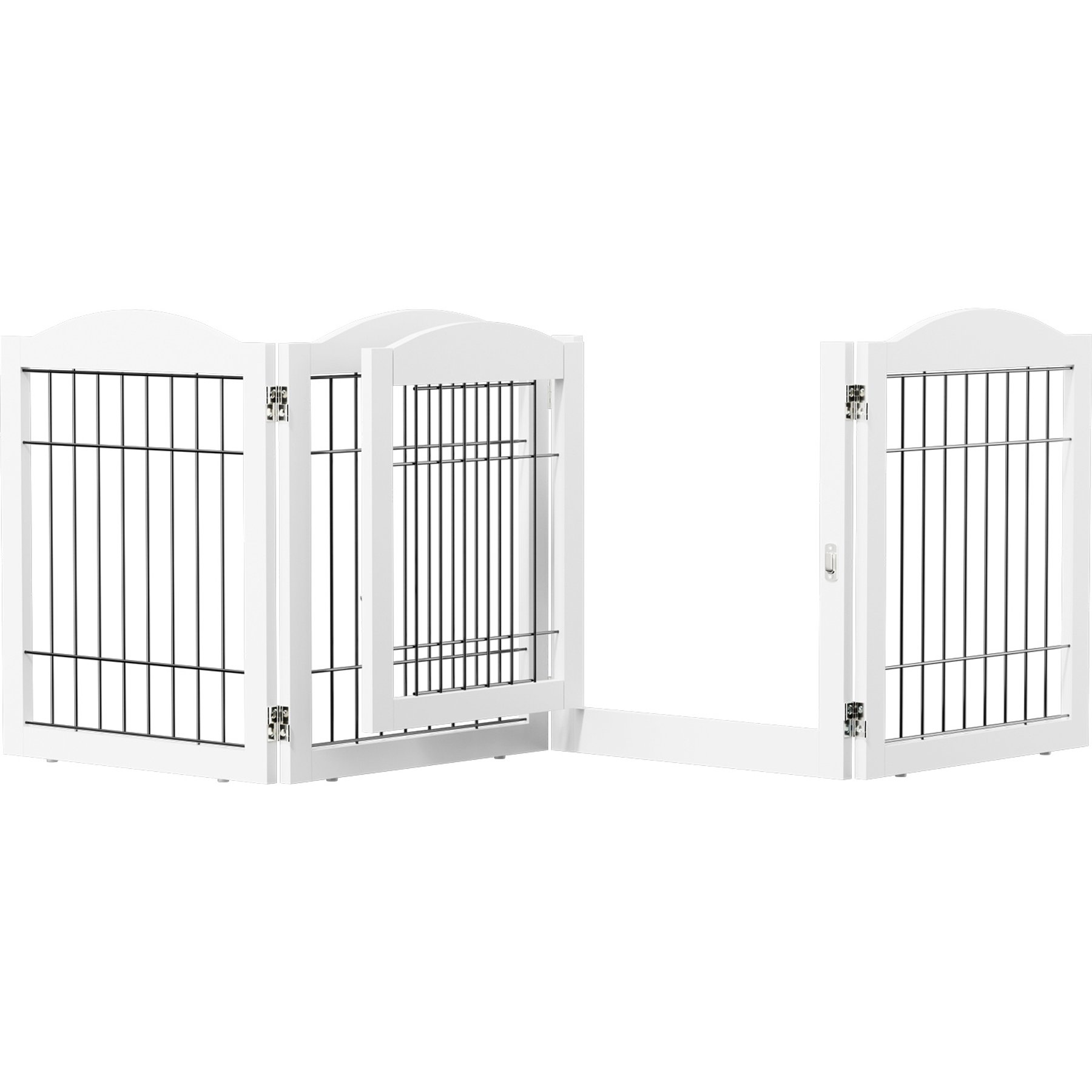 Winado 4 Panel Foldable Arc Top Wood Free-Standing Playpen Dog Gate with Door FDM & Wire Mesh, White, 80 x 24-in