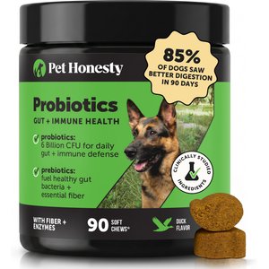 Pet Honesty Probiotics Gut + Immune Health with Prebiotics & Enzymes Duck Flavored Soft Chews Digestive Supplement for Dogs, 90 count