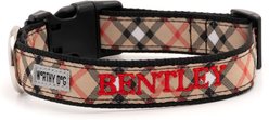 The Worthy Dog Personalized Bias Plaid Adjustable Dog Collar, Tan, Large: 14 to 20-in neck, 1-in wide