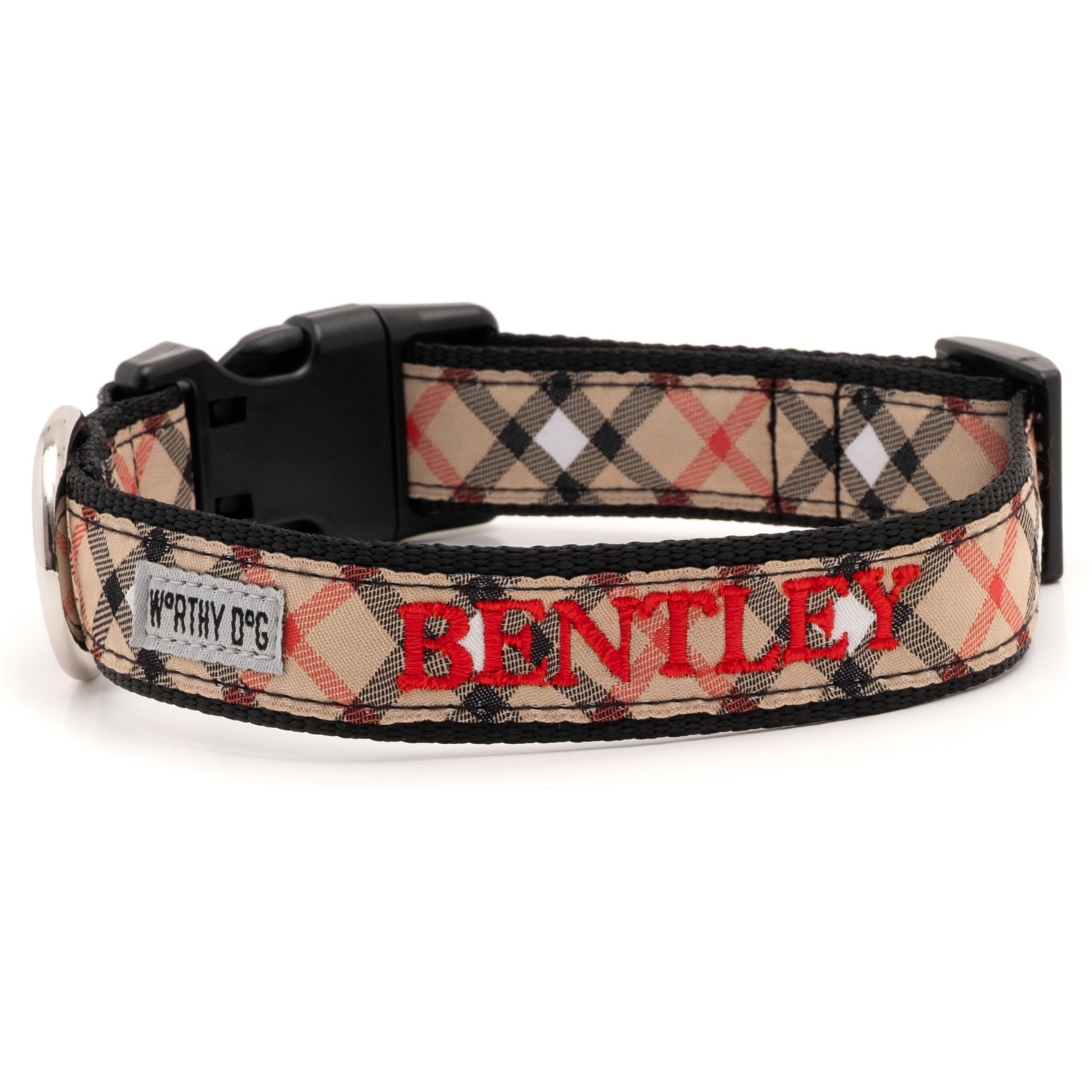 The Worthy Dog Personalized Bias Plaid Adjustable Dog Collar, Tan, Large: 14 to 20-in neck, 1-in wide