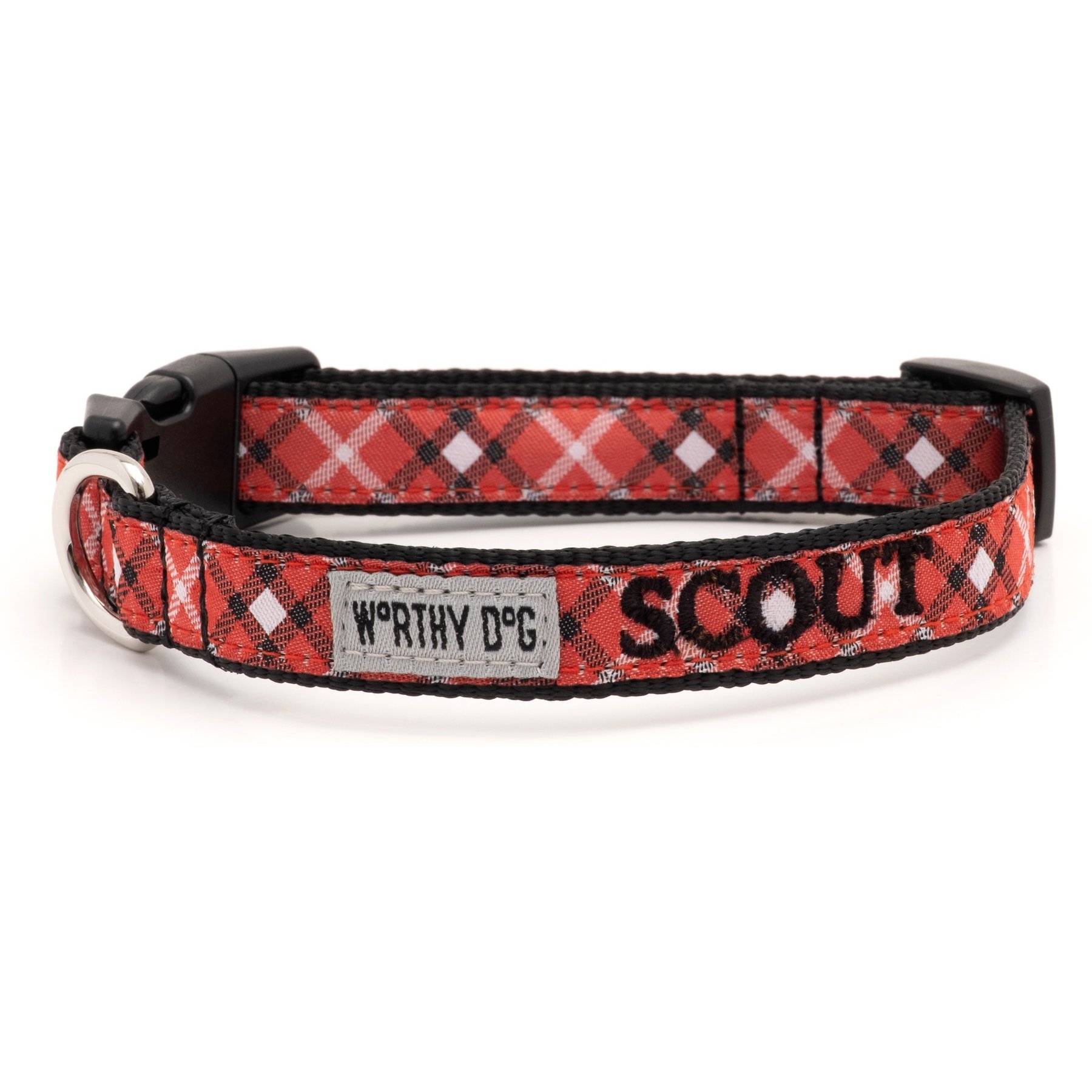 The Worthy Dog Personalized Bias Plaid Adjustable Dog Collar, Red, Large: 14 to 20-in neck, 1-in wide