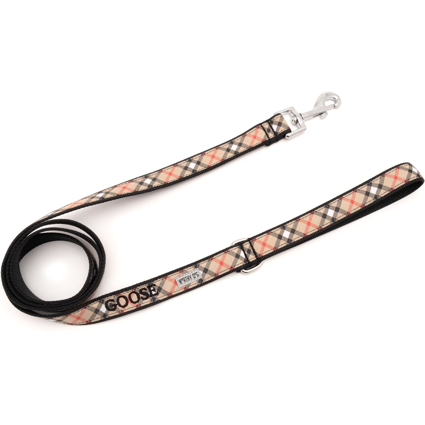The Worthy Dog Personalized Bias Plaid Lead Handle Dog Leash, Tan, Large: 5-ft long, 1-in wide