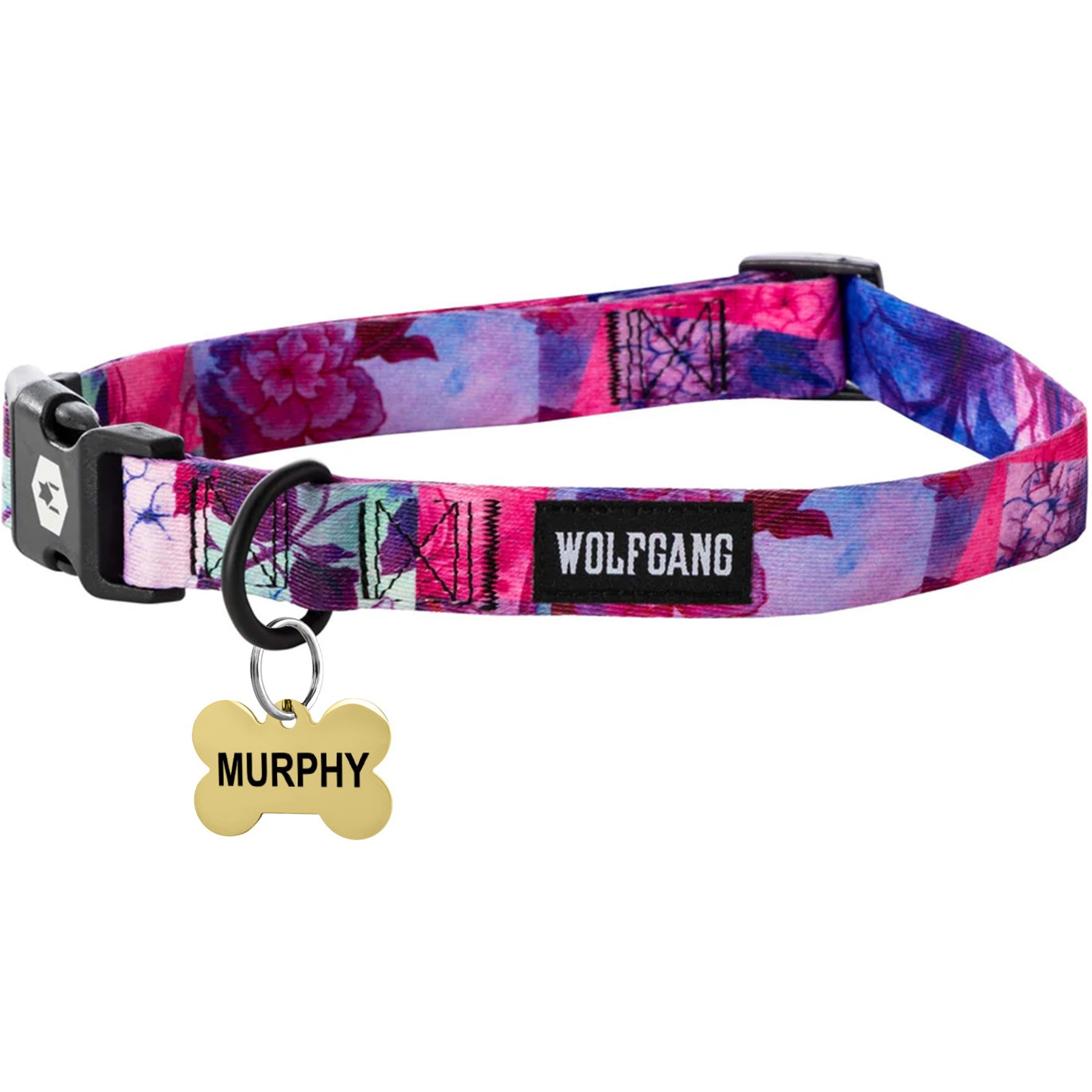 Wolfgang Personalized Fully Adjustable Dog Collar with Custom Engraved Gold Bone Tag, Daydream, Medium: 12 to 18-in neck, 1-in wide