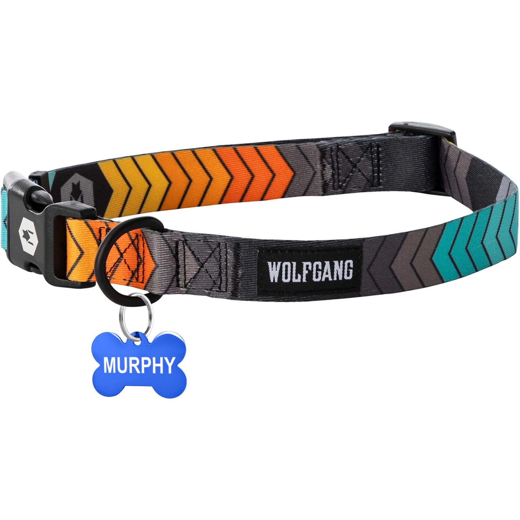Wolfgang Personalized Fully Adjustable Dog Collar with Custom Engraved Blue Bone Tag, Chevtech, Medium: 12 to 18-in neck, 1-in wide