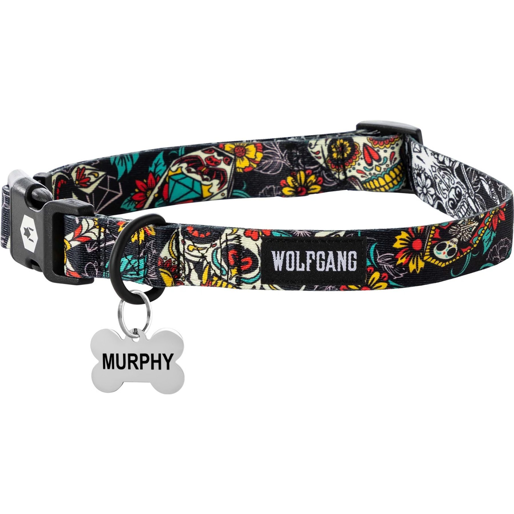 Wolfgang Personalized Fully Adjustable Dog Collar with Custom Engraved Silver Bone Tag, Losmuertos, Medium: 12 to 18-in neck, 1-in wide