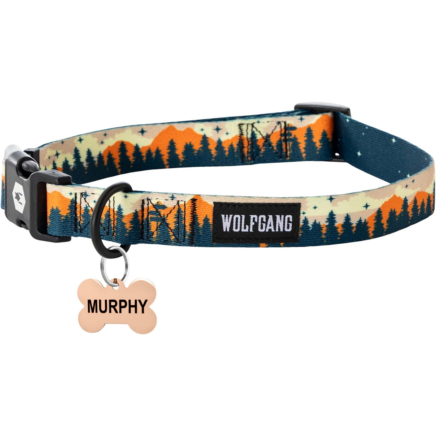 Wolfgang Personalized Fully Adjustable Dog Collar with Custom Engraved Rose Gold Bone Tag, Overland, Large: 18 to 26-in neck, 1-in wide