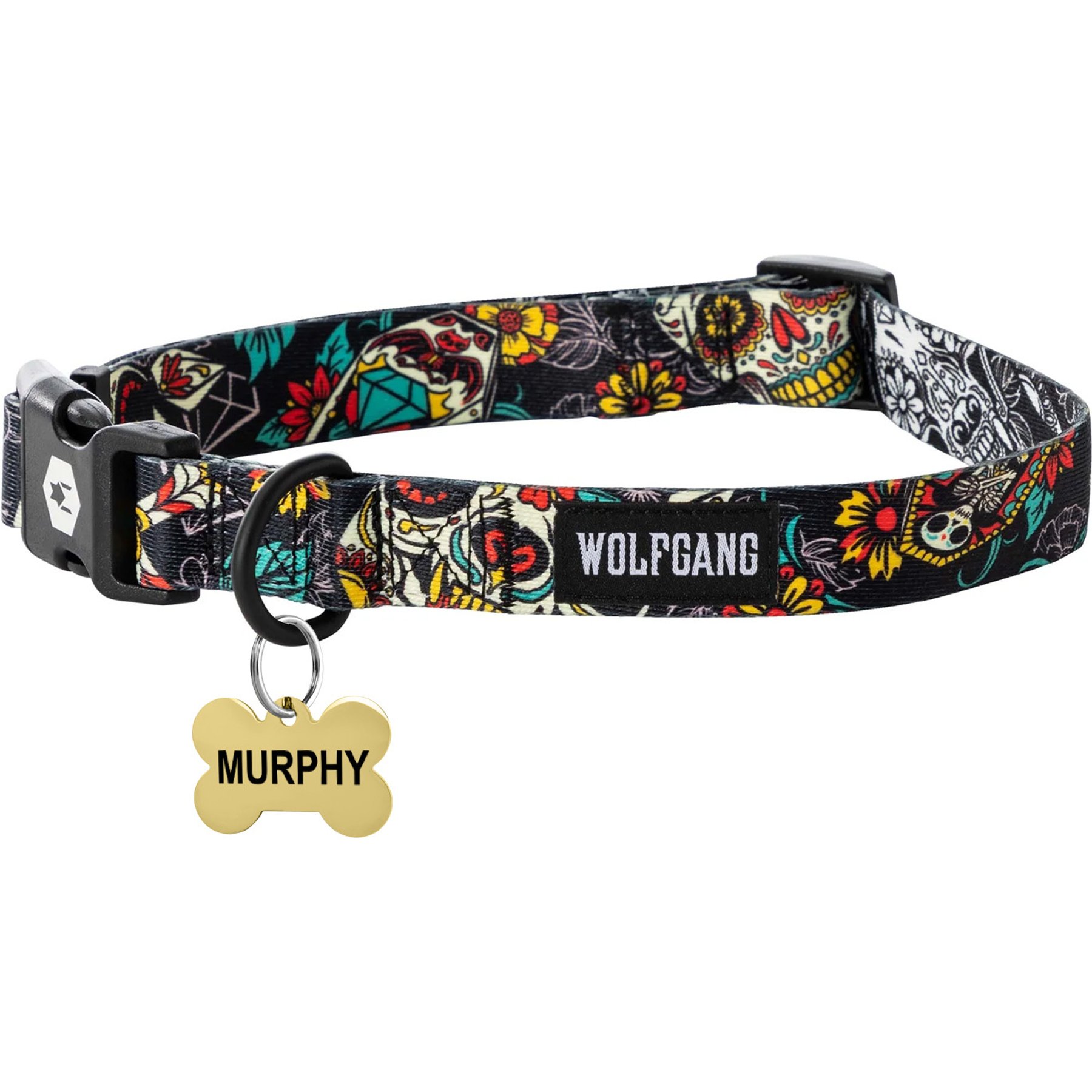 Wolfgang Personalized Fully Adjustable Dog Collar with Custom Engraved Gold Bone Tag, Losmuertos, Large: 18 to 26-in neck, 1-in wide