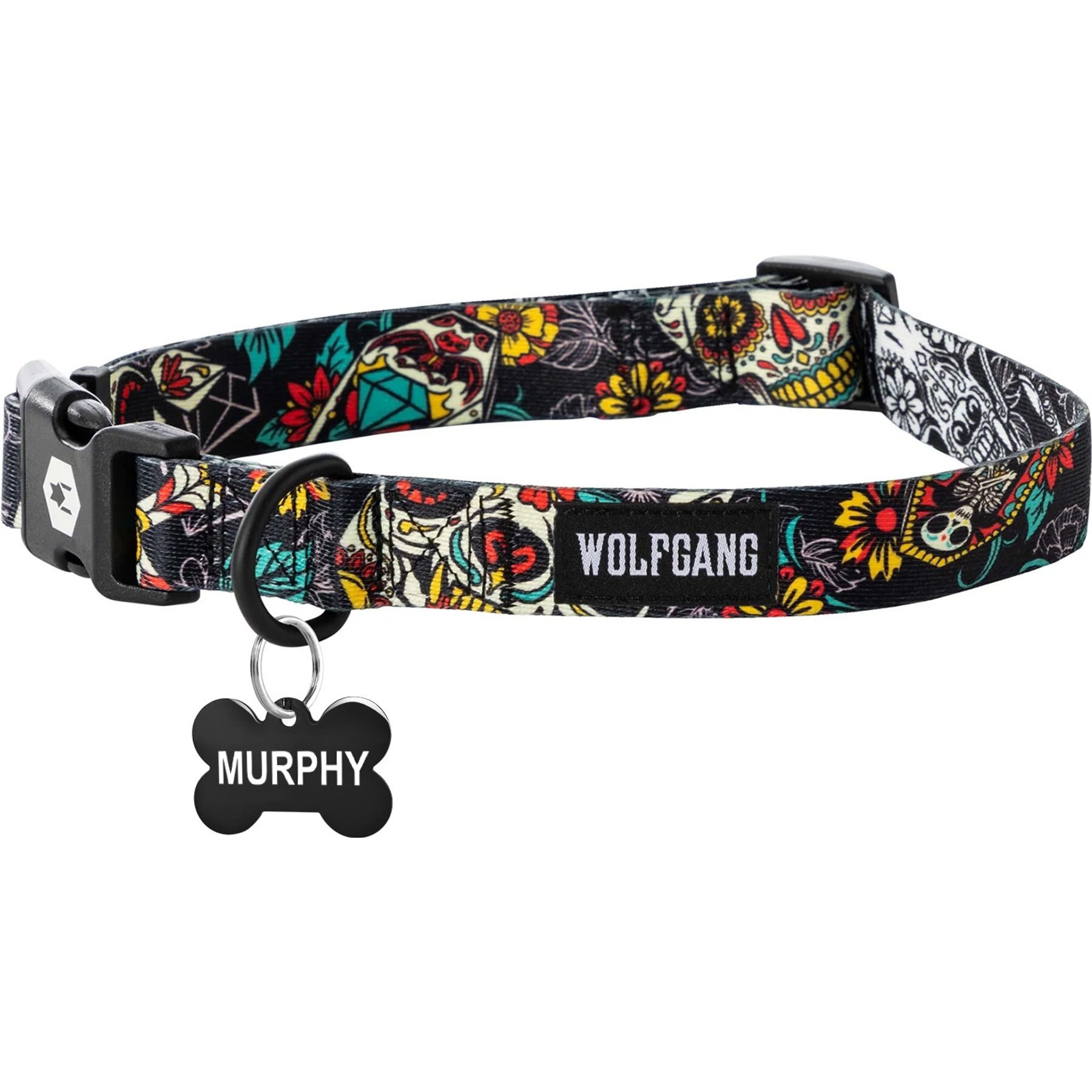 Wolfgang Personalized Fully Adjustable Dog Collar with Custom Engraved Black Bone Tag, Losmuertos, Medium: 12 to 18-in neck, 1-in wide